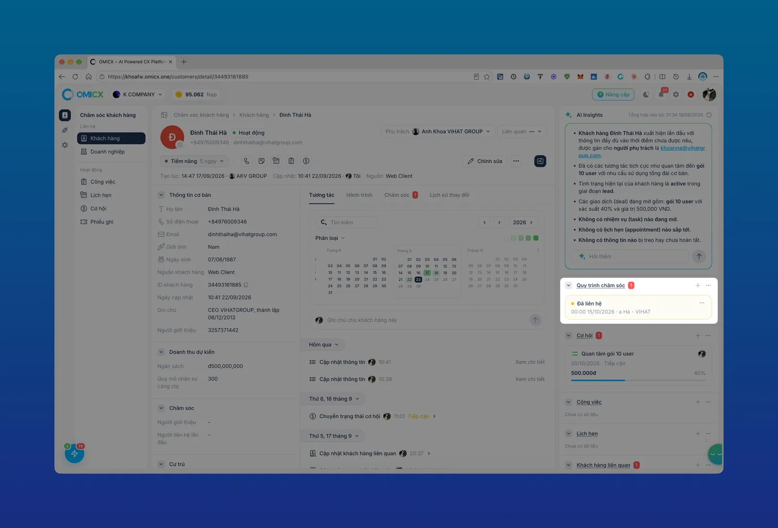 Panel Quy trình chăm sóc trên trang chi tiết khách hàng