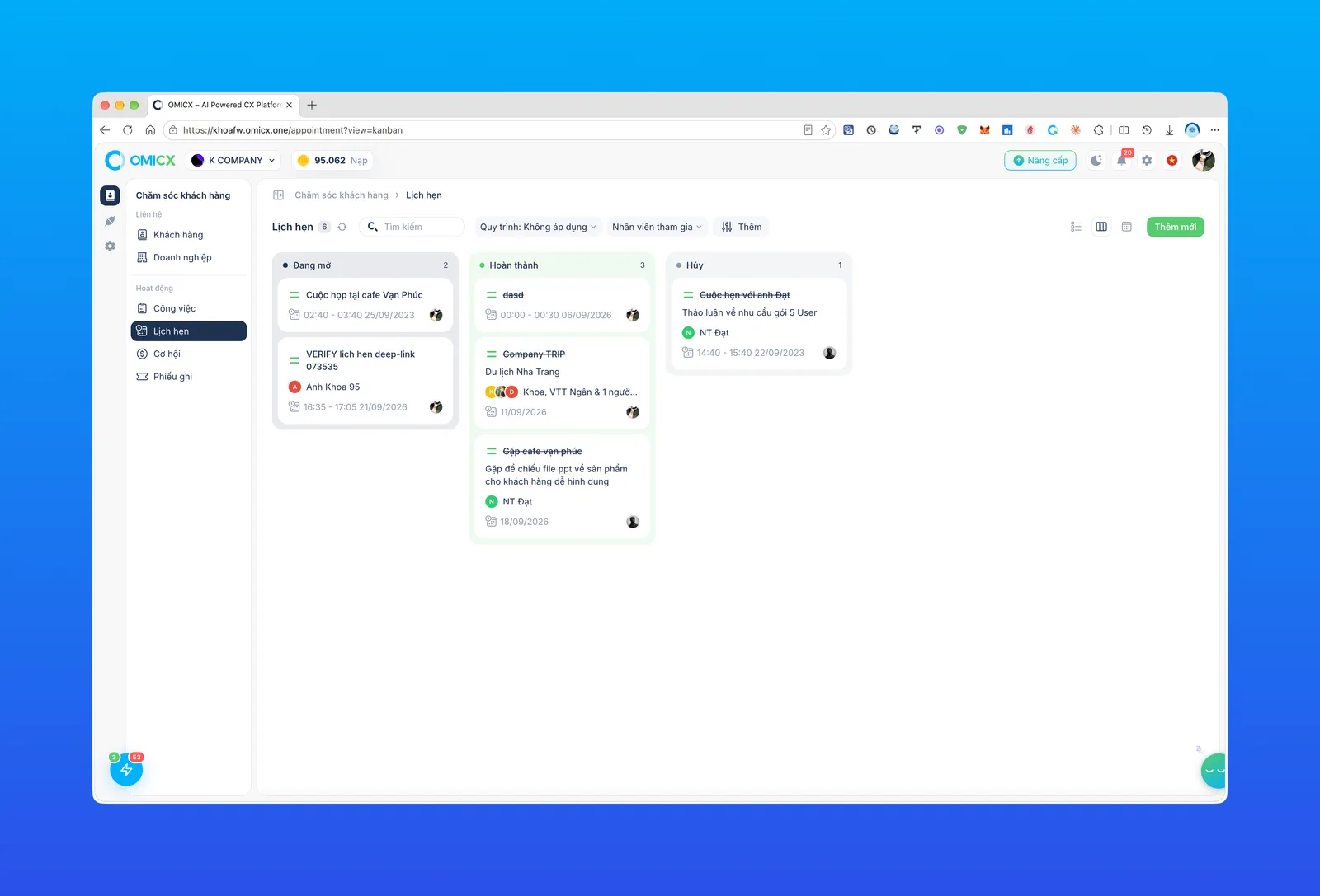Kanban Lịch hẹn khi không áp dụng quy trình